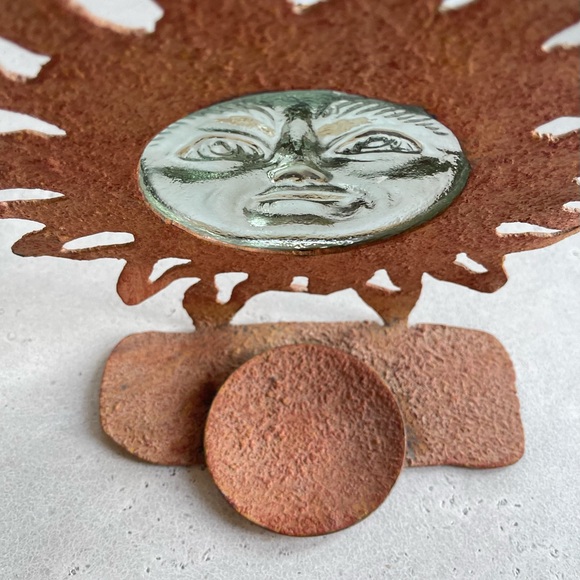 Vintage Mayan Sand Coated Metal Celestial Sun Heavy Glass Face Candle Holder - Picture 4 of 8
